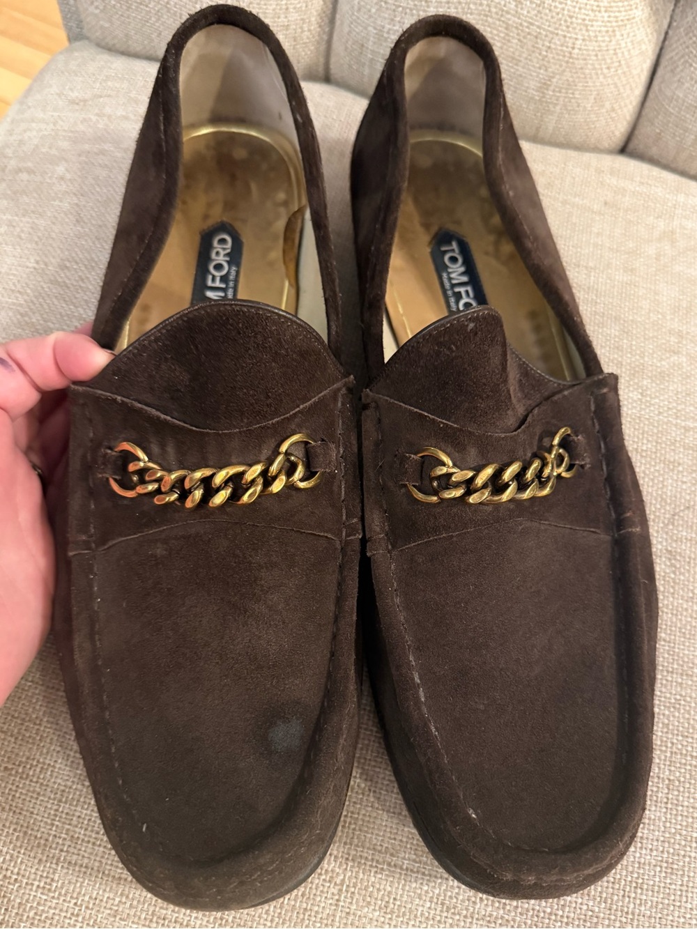 Tom Ford Dark Brown Suede Loafers with Gold Chain